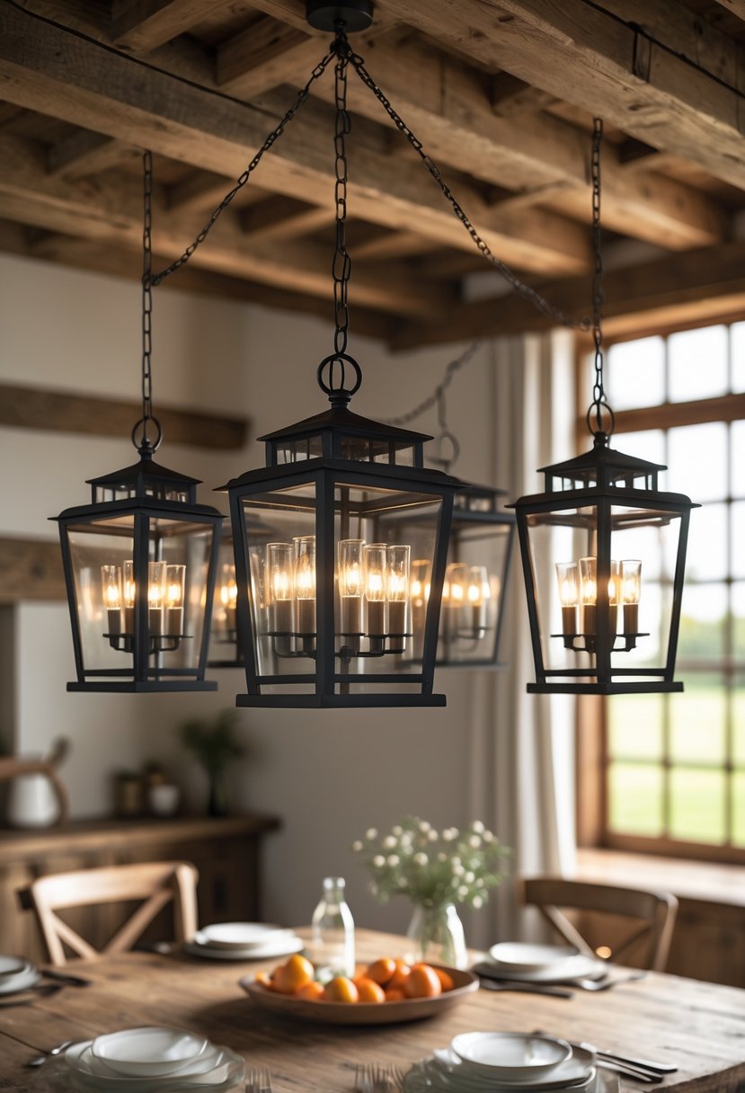 A lantern style chandelier hanging above a wooden dining table in a rustic room with wooden beams and natural light.