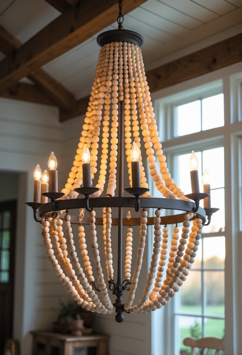 A wooden beaded chandelier hanging from the ceiling in a warmly lit farmhouse room with wooden beams and furniture.