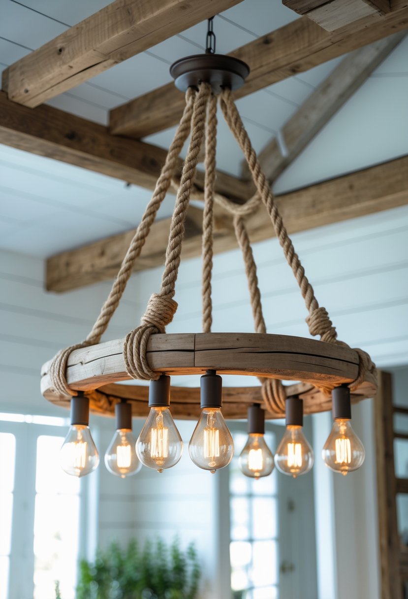 A chandelier made of rope and wood hanging from a ceiling with glowing light bulbs in a bright room.
