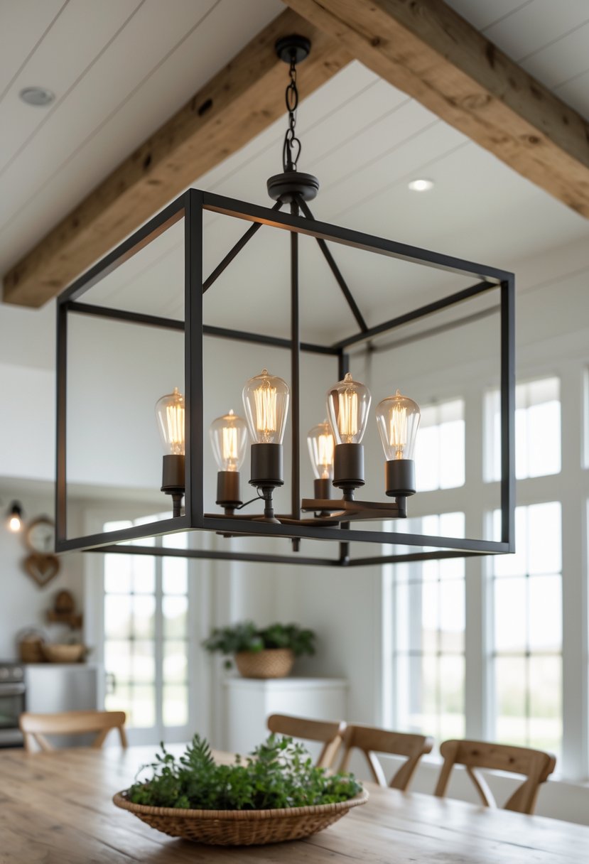A metal frame chandelier with exposed bulbs hanging above a wooden dining table in a bright farmhouse dining room.