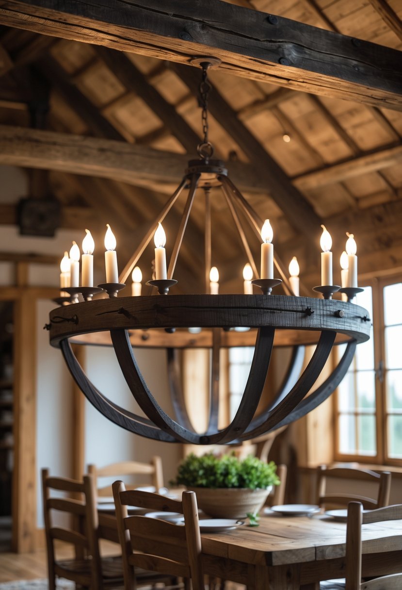 A wagon wheel chandelier hanging above a wooden dining table in a farmhouse interior.
