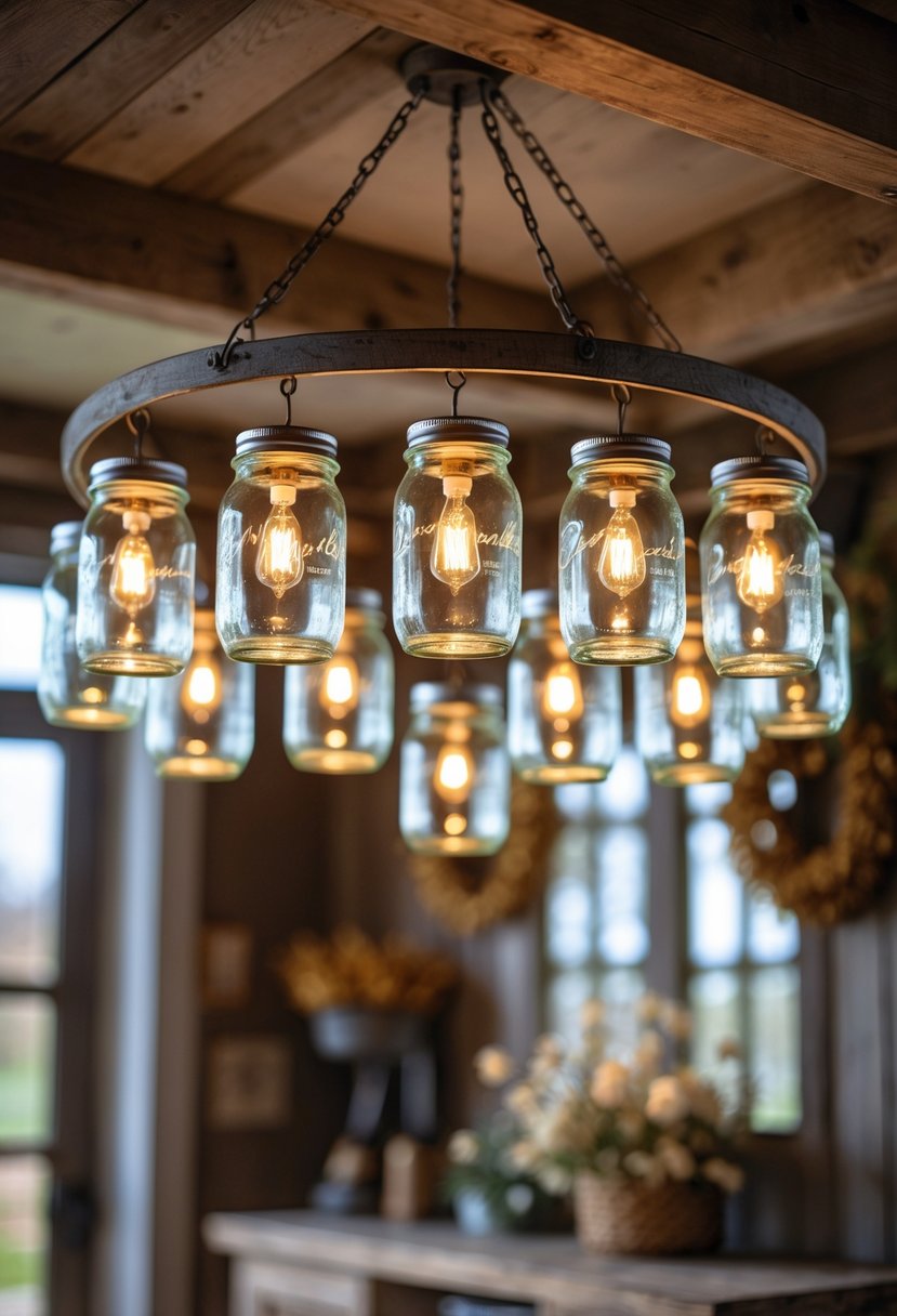 A chandelier made of 15 mason jars with glowing lights hanging from a ceiling in a cozy room with wooden walls and farmhouse decor.