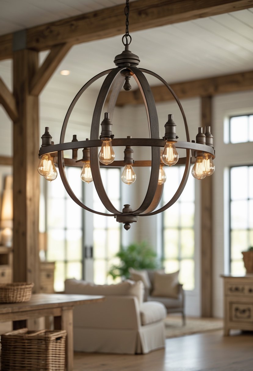 A rustic chandelier with multiple bulbs hanging in a bright room with wooden beams and furniture.