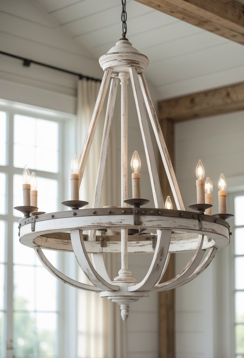 A large white wooden chandelier with multiple candle lights hanging in a bright room with wooden beams and windows.