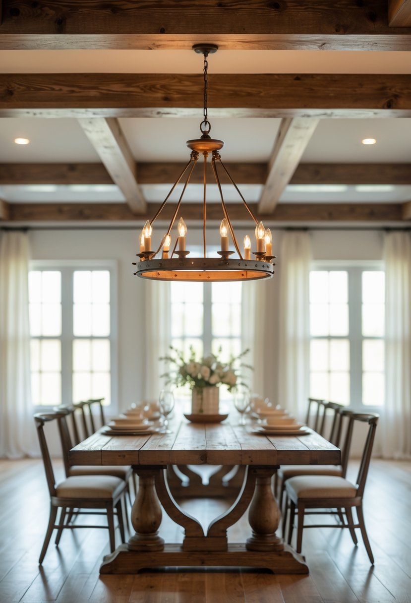 A bronze finish chandelier hanging above a wooden dining table in a bright farmhouse dining room.