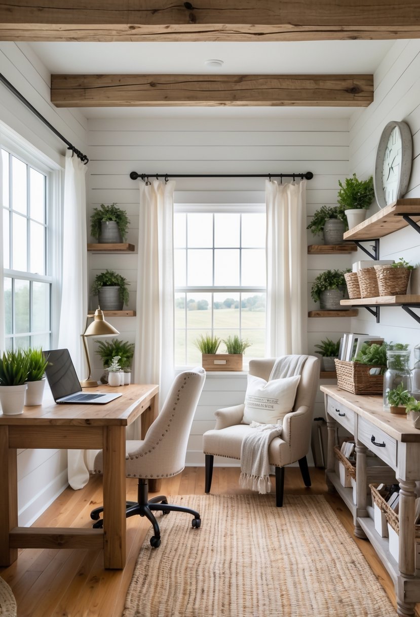A bright farmhouse office with a wooden desk, laptop, plants, and natural light coming through large windows.