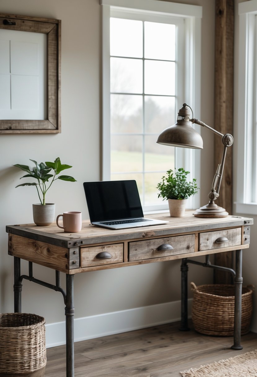 A weathered wood desk with metal accents in a farmhouse office setting, featuring a laptop, mug, plant, and lamp.