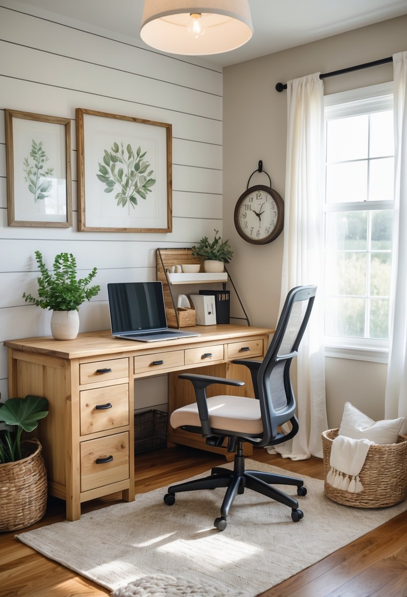 A farmhouse office with a white shiplap accent wall, wooden desk, laptop, plant, and chair in a well-lit room.