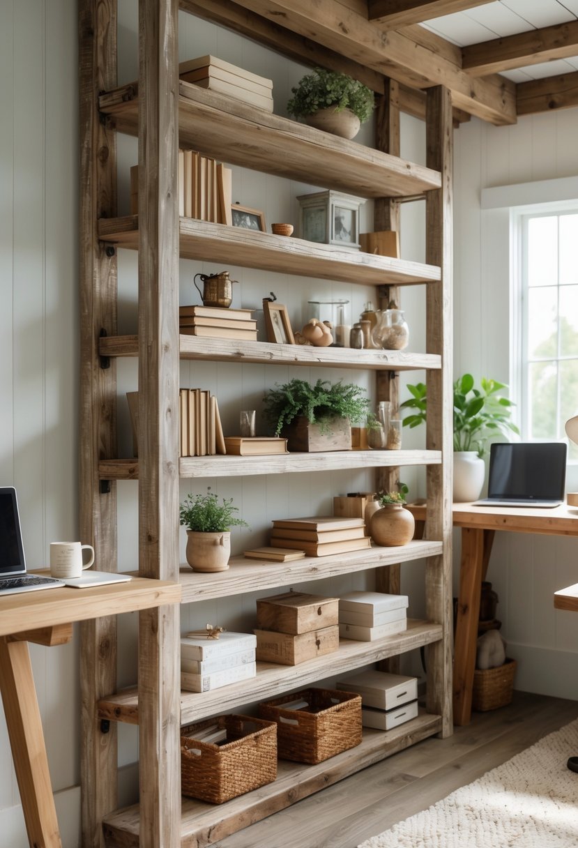 A bright office space with wooden open shelves holding books, plants, and office supplies, alongside a desk with a laptop and mug.