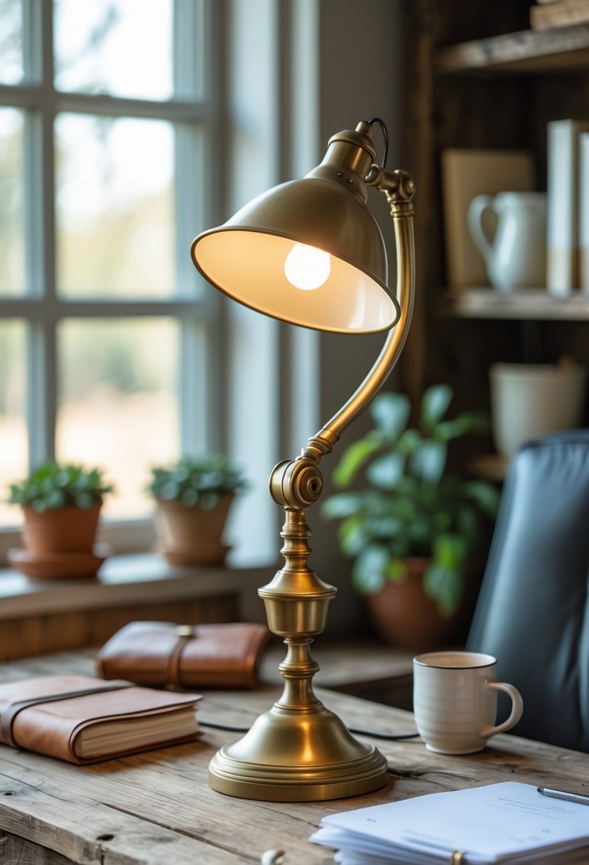 A vintage brass desk lamp on a wooden office desk with a notebook, coffee mug, plant, and papers in a bright room.