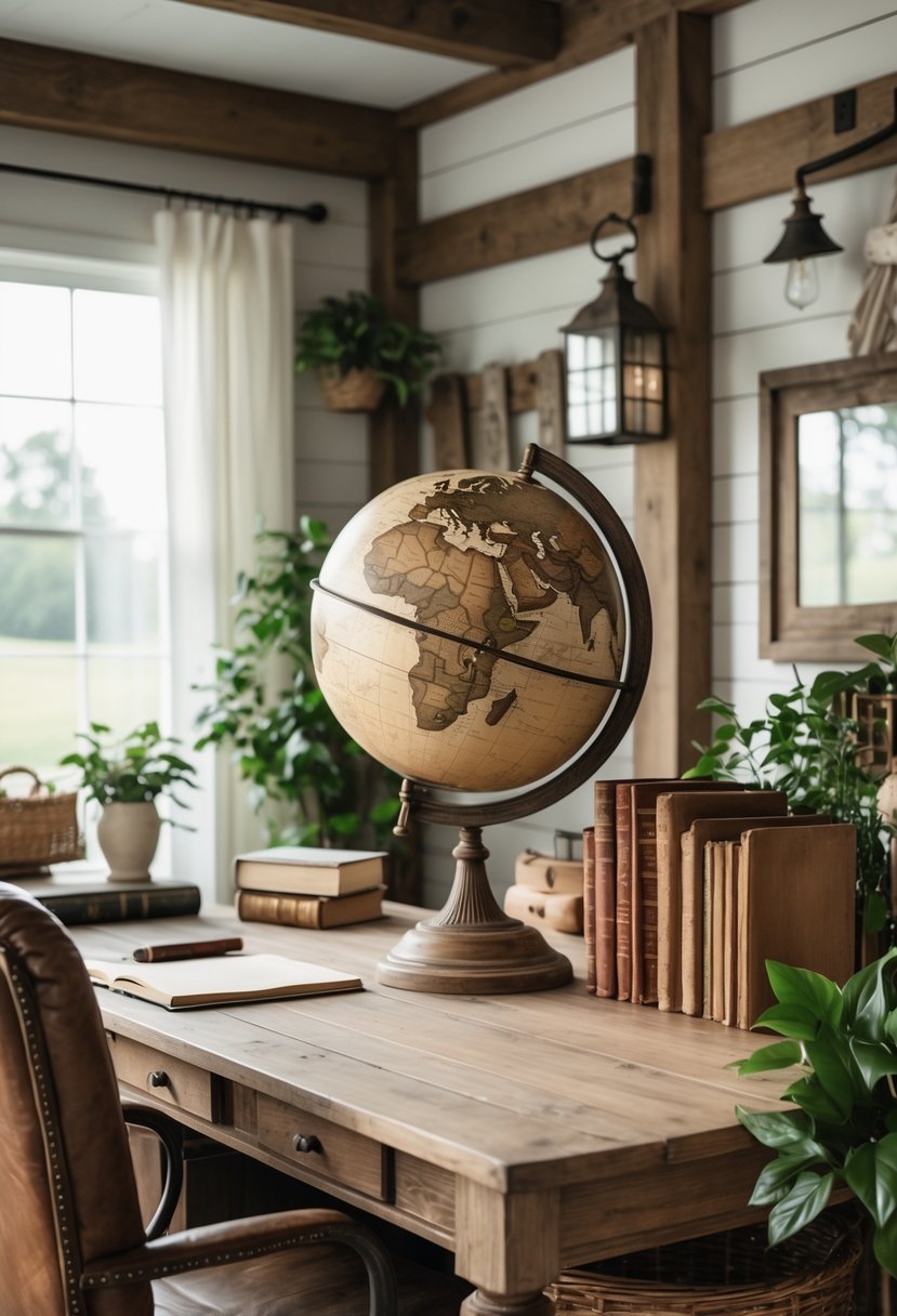 A farmhouse office with a wooden desk, an antique globe, books, a leather chair, plants, and natural light coming through a window.