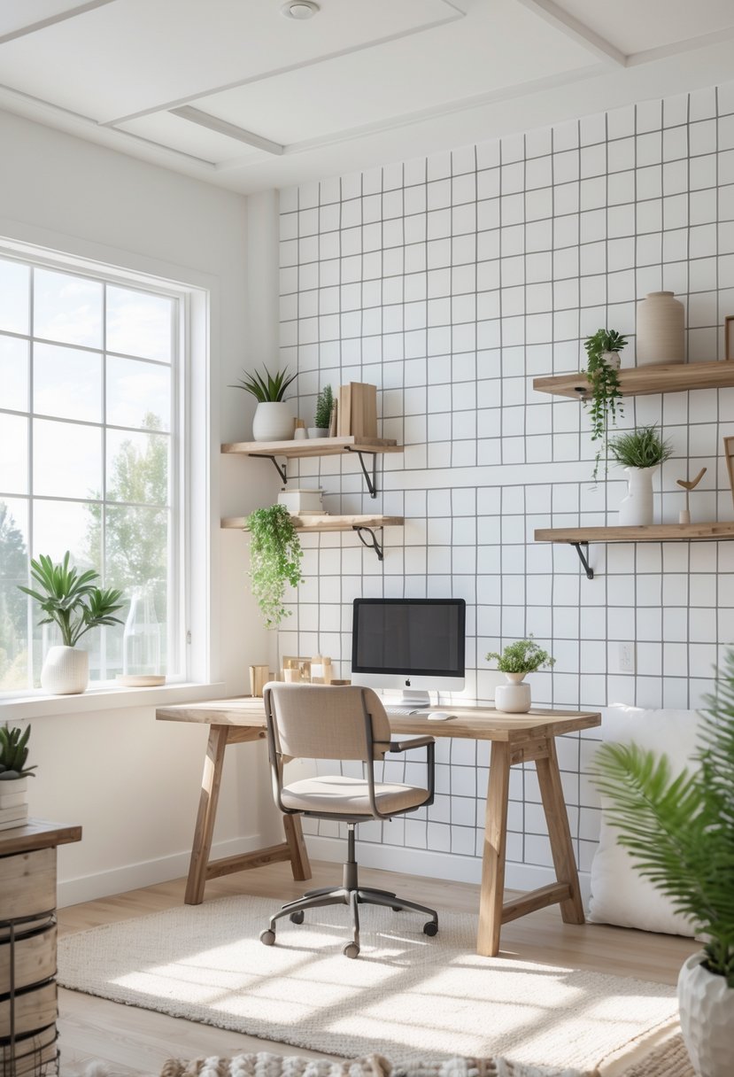 A bright farmhouse office with a white grid-paneled accent wall, wooden desk, chair, and plants.