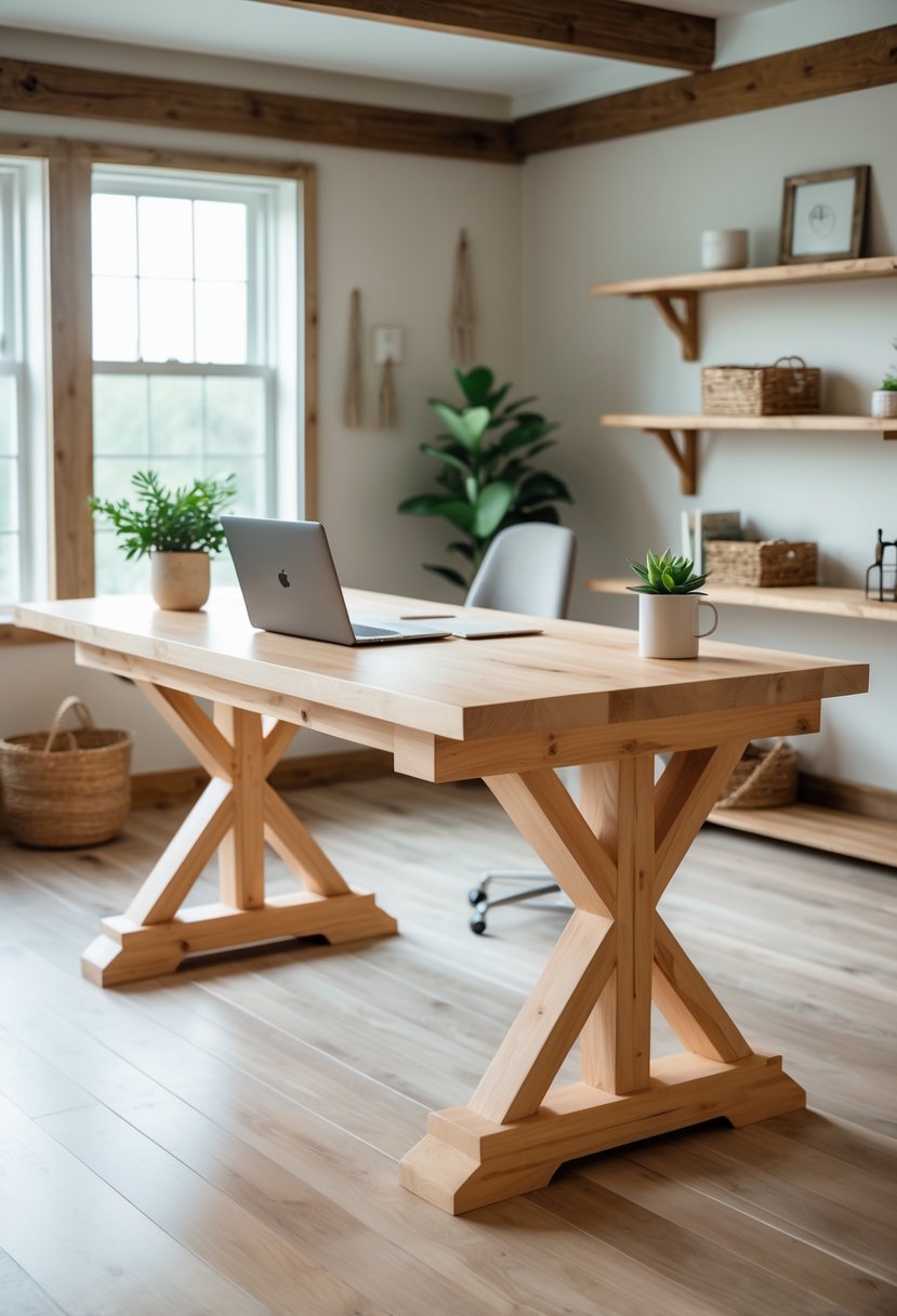 A natural wood desk with crossbeam legs in a bright office with a laptop, notebook, coffee mug, and plant on the desk.