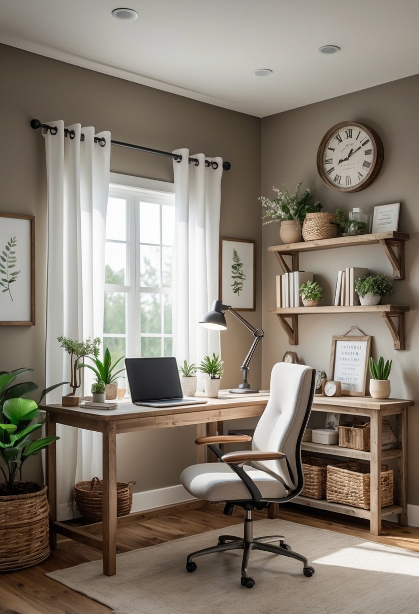 A farmhouse office with light taupe walls, a wooden desk with a laptop, shelves with books and plants, and natural light coming through a window.