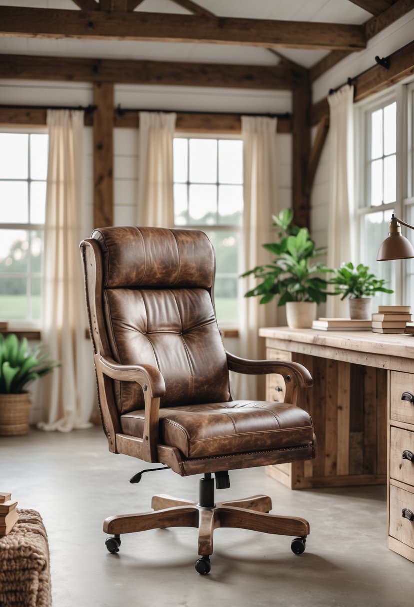 A rustic farmhouse office with an aged leather executive chair in front of a wooden desk, surrounded by natural light and farmhouse decor.