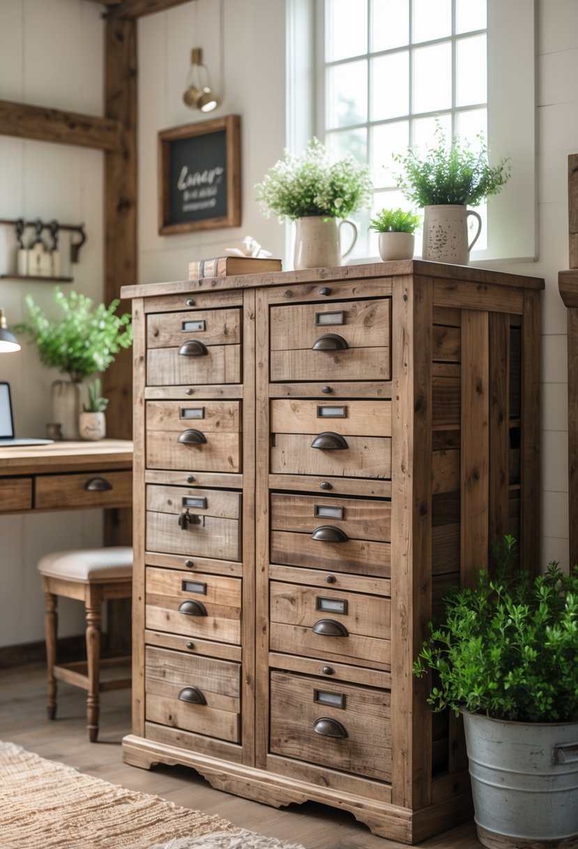 A reclaimed barn wood filing cabinet in a bright farmhouse office with wooden desk, plants, and natural light.