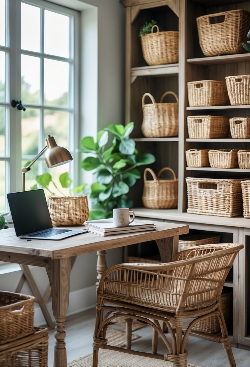A farmhouse office with wooden furniture and several woven wicker storage baskets arranged on shelves and around a desk.