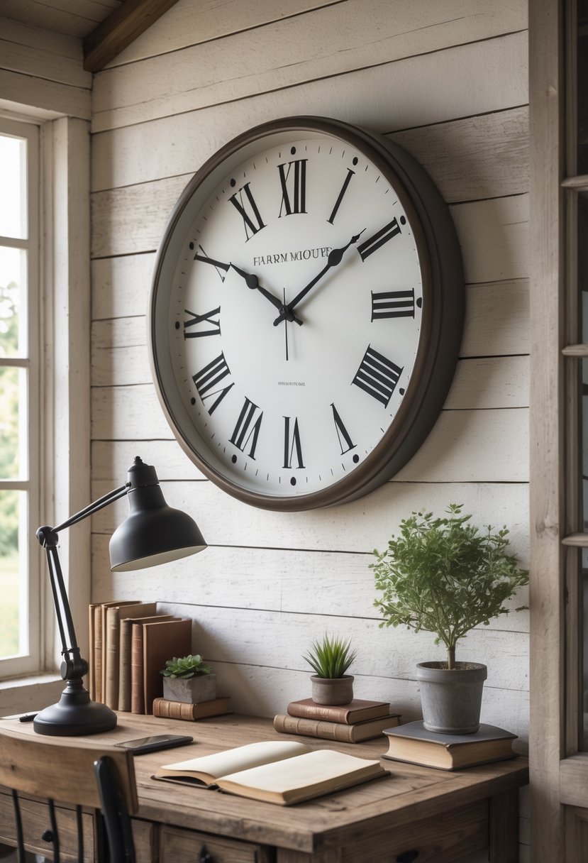 A classic clock with Roman numerals hanging on a wooden wall above a desk with office items and a small plant.
