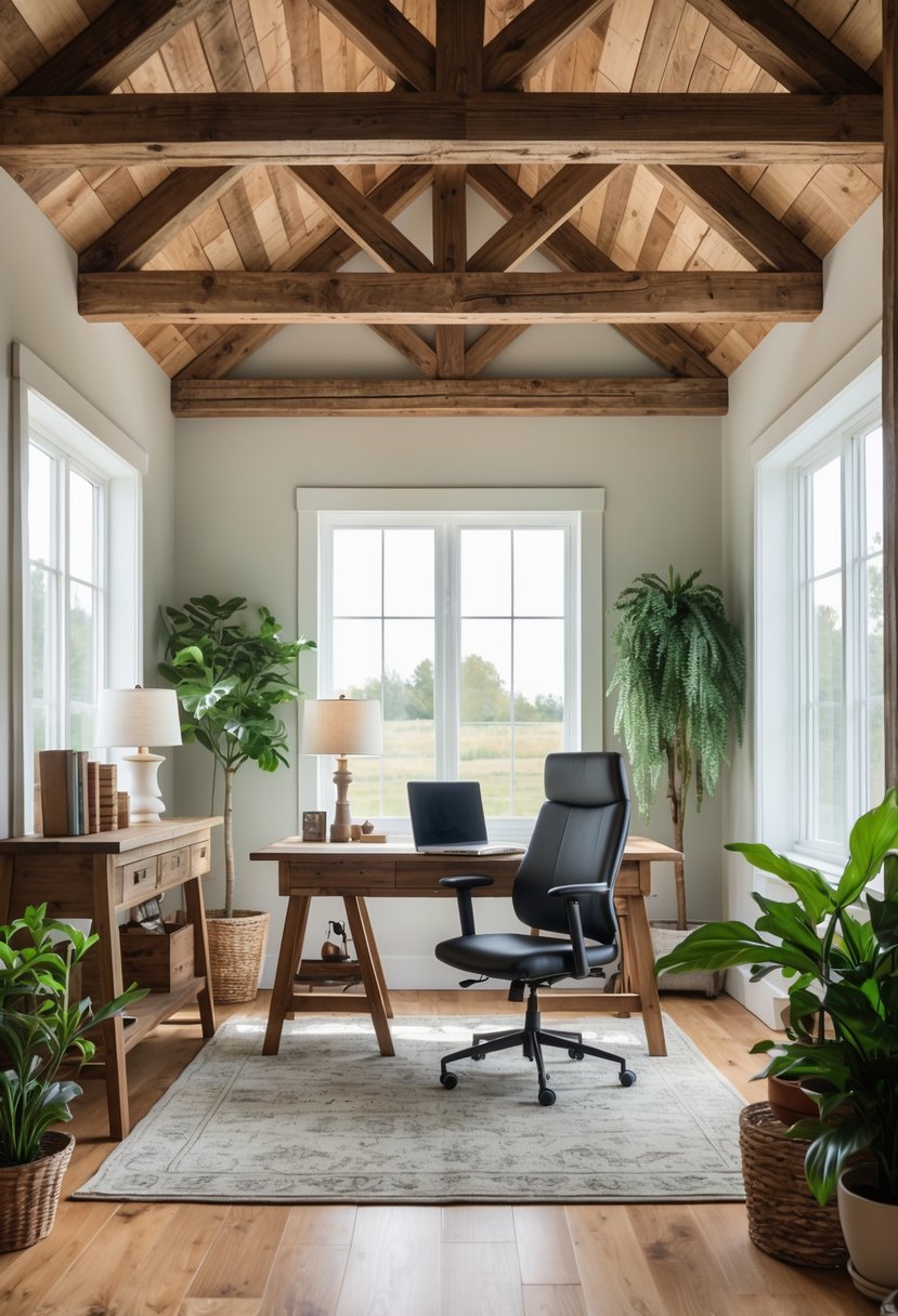 A farmhouse office with exposed wooden beams on the ceiling, a wooden desk with a laptop, chair, plants, and natural light coming through windows.