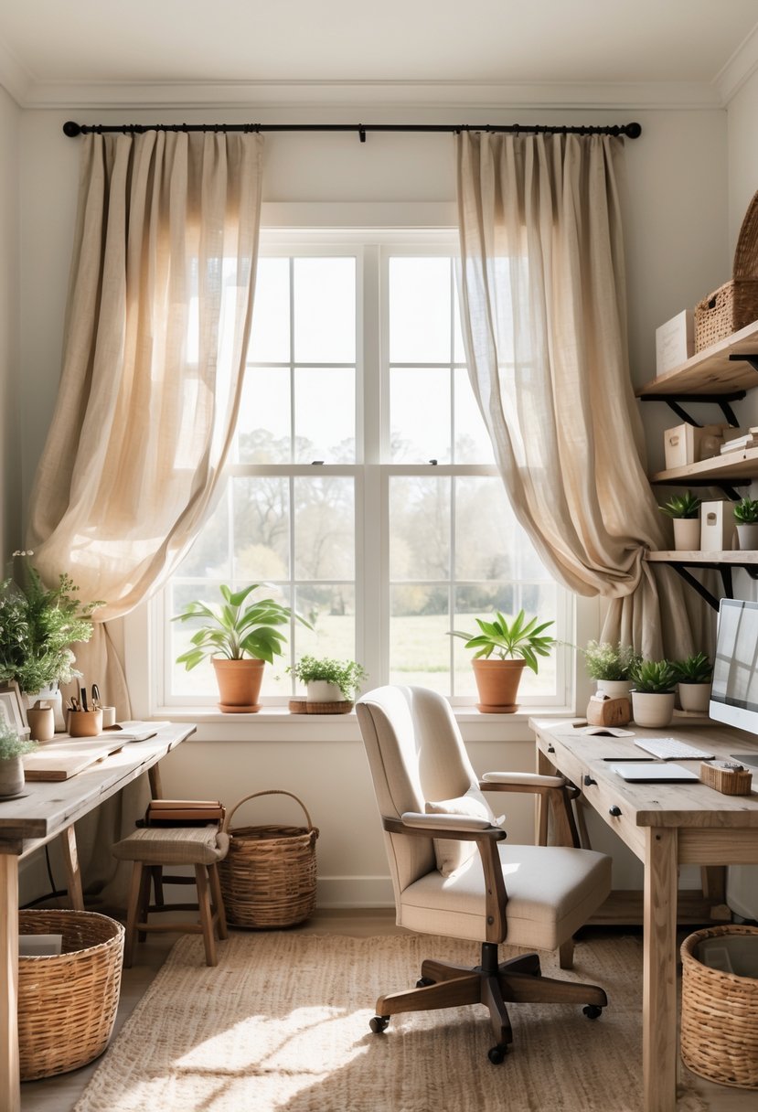 A farmhouse office with soft linen curtains, wooden desk, chair, plants, and natural light coming through a large window.