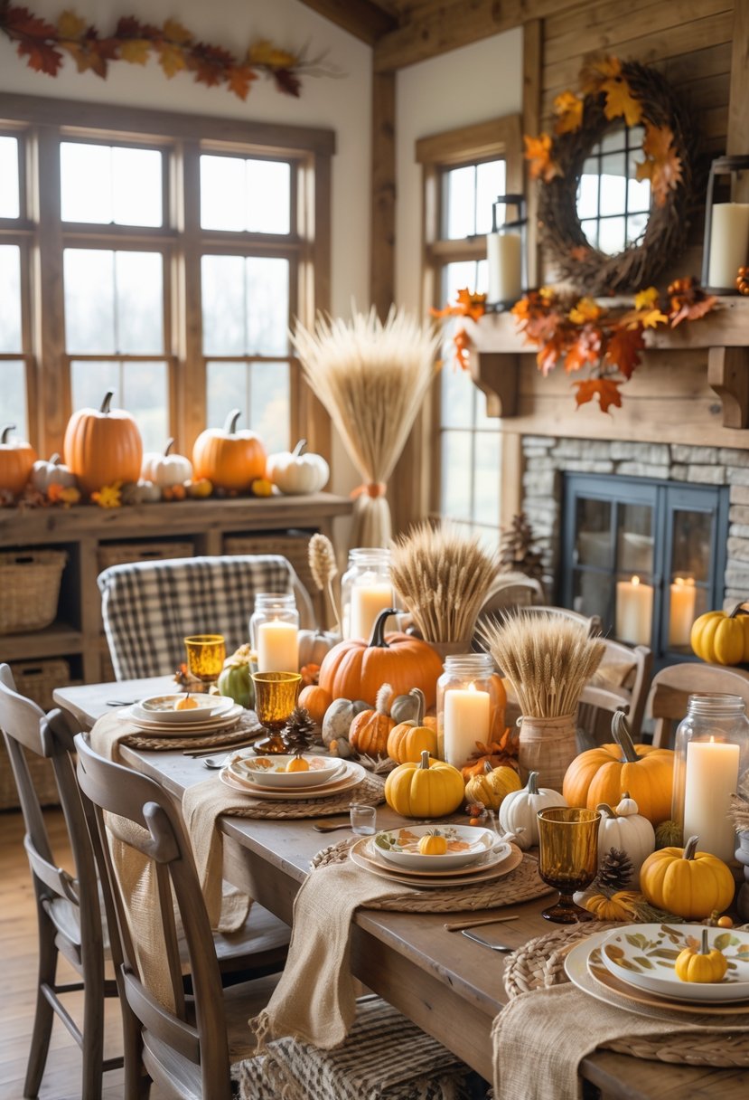 A warm farmhouse interior decorated with pumpkins, dried wheat, candles, plaid blankets, and autumn leaves on a wooden dining table and mantel.