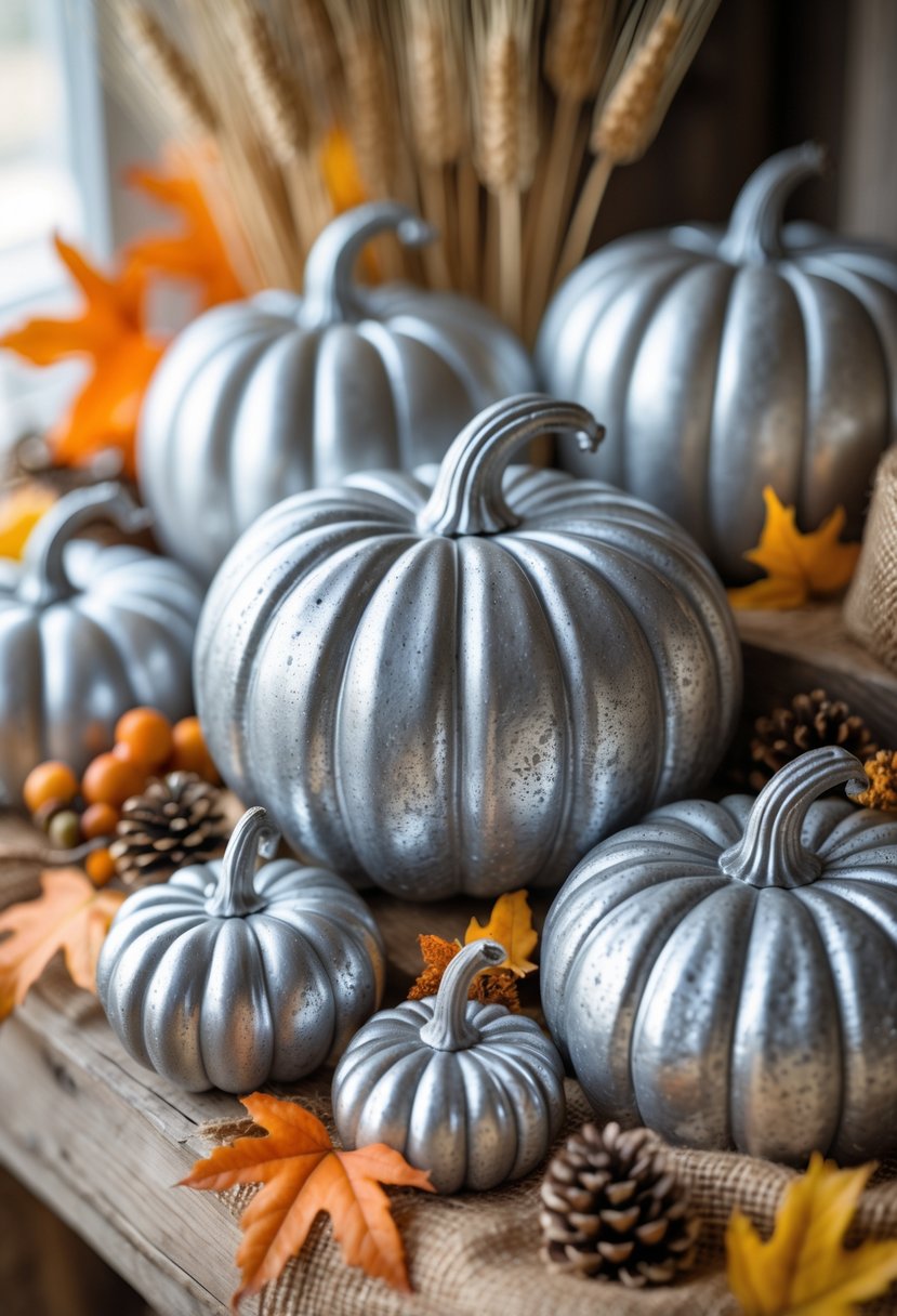 A group of galvanized metal pumpkins displayed with fall leaves, dried wheat, and pinecones on a wooden surface.