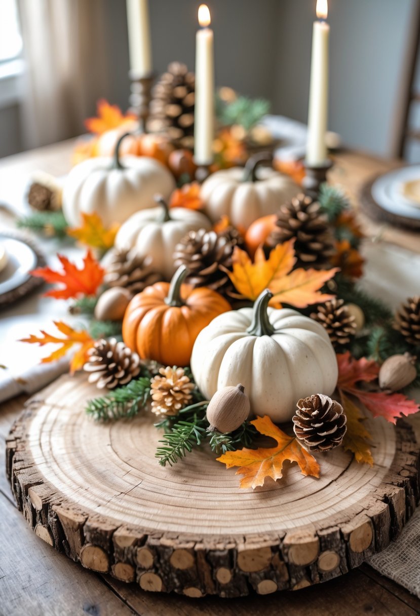 A wood slice centerpiece decorated with small pumpkins, pinecones, acorns, and colorful autumn leaves on a table.