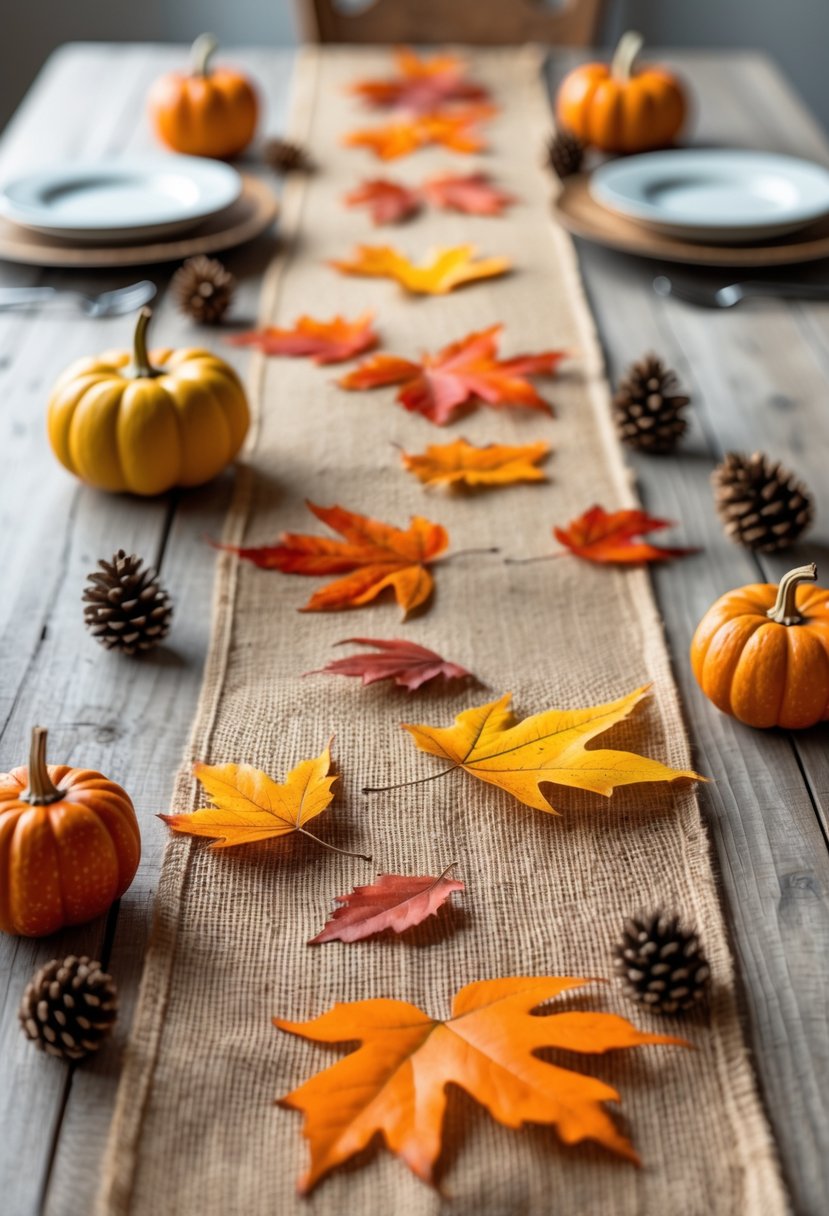 A burlap table runner on a wooden table decorated with colorful autumn leaves and small fall-themed items.
