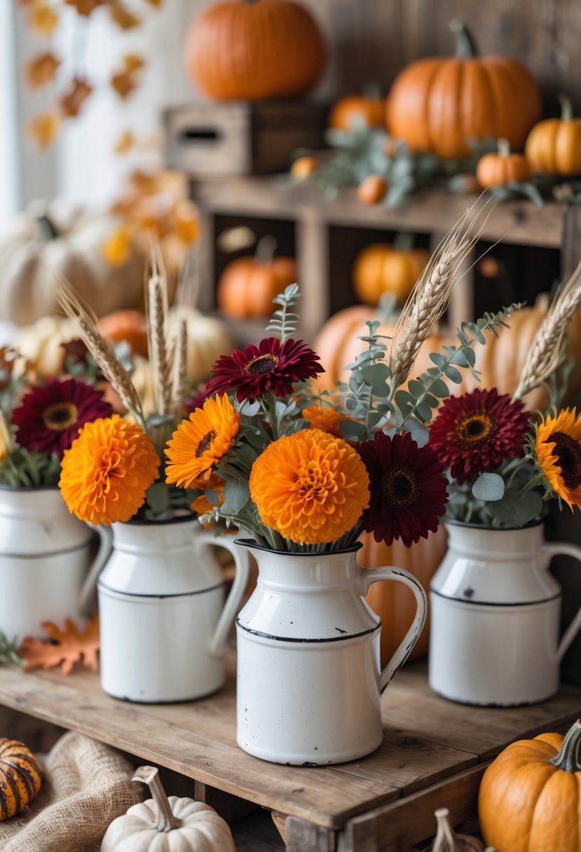 Vintage enamelware pitchers filled with seasonal fall flowers arranged on a wooden table with autumn decor in the background.