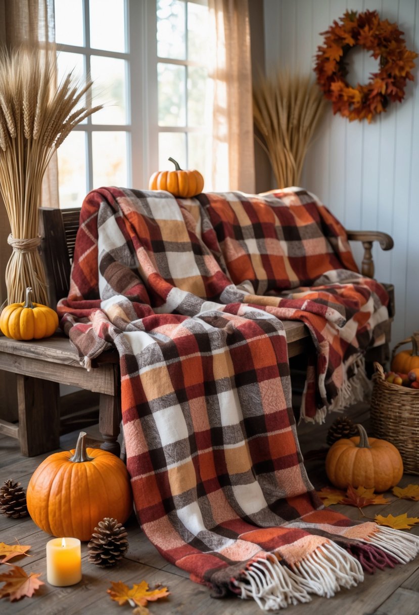 A farmhouse living room with plaid flannel throw blankets in warm fall colors draped over furniture and a basket, surrounded by pumpkins, dried wheat, pine cones, and autumn leaves.