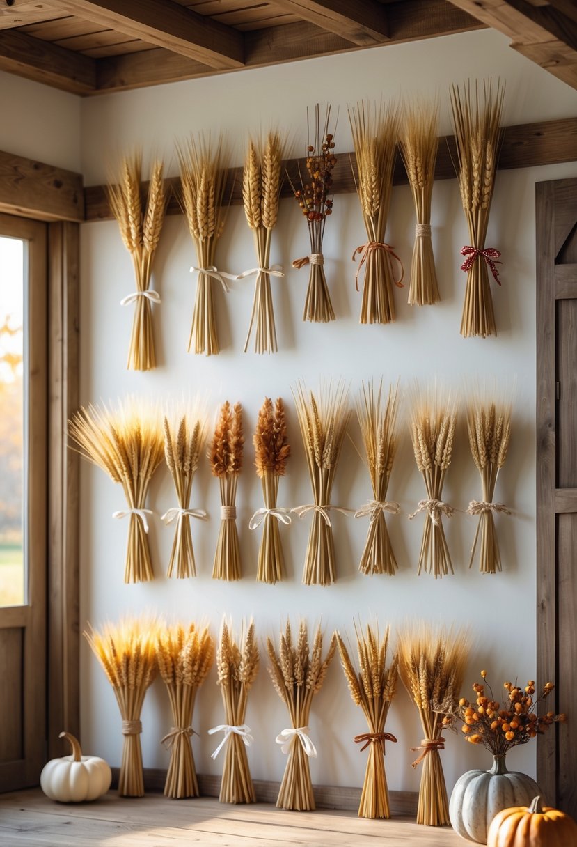 A rustic wall decorated with multiple bundles of dried wheat stalks arranged as fall decor in a farmhouse setting.