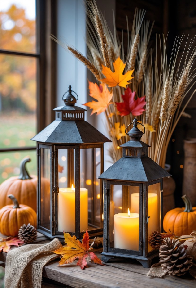 Antique lanterns with glowing LED candles surrounded by pumpkins, autumn leaves, and fall decorations on a wooden surface.