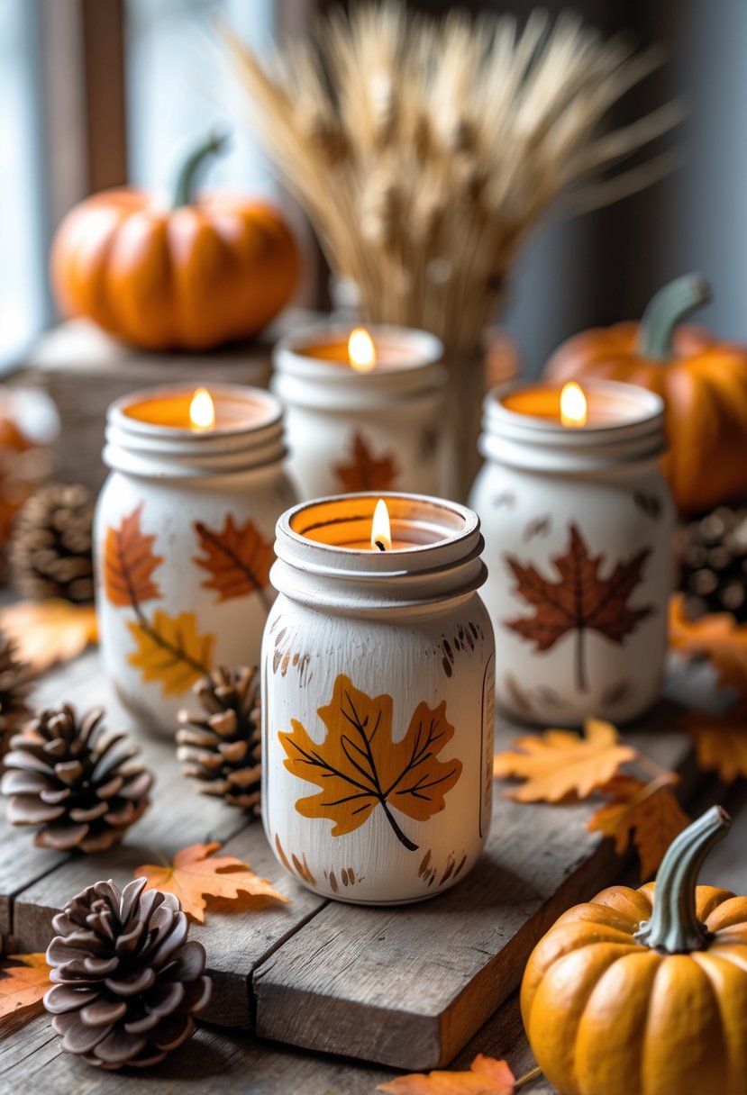 A collection of hand-painted mason jar votives with fall decorations including pumpkins, pinecones, and autumn leaves on a wooden surface.