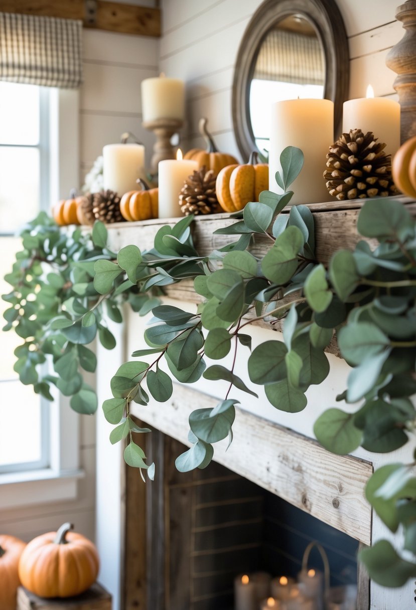 A rustic farmhouse mantel decorated with a faux eucalyptus garland and autumn decorations like pumpkins and candles.