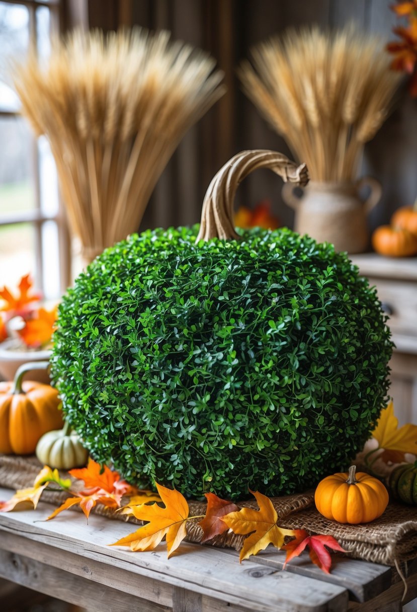 A pumpkin-shaped topiary made from green boxwood on a wooden table with autumn leaves and fall decorations around it.