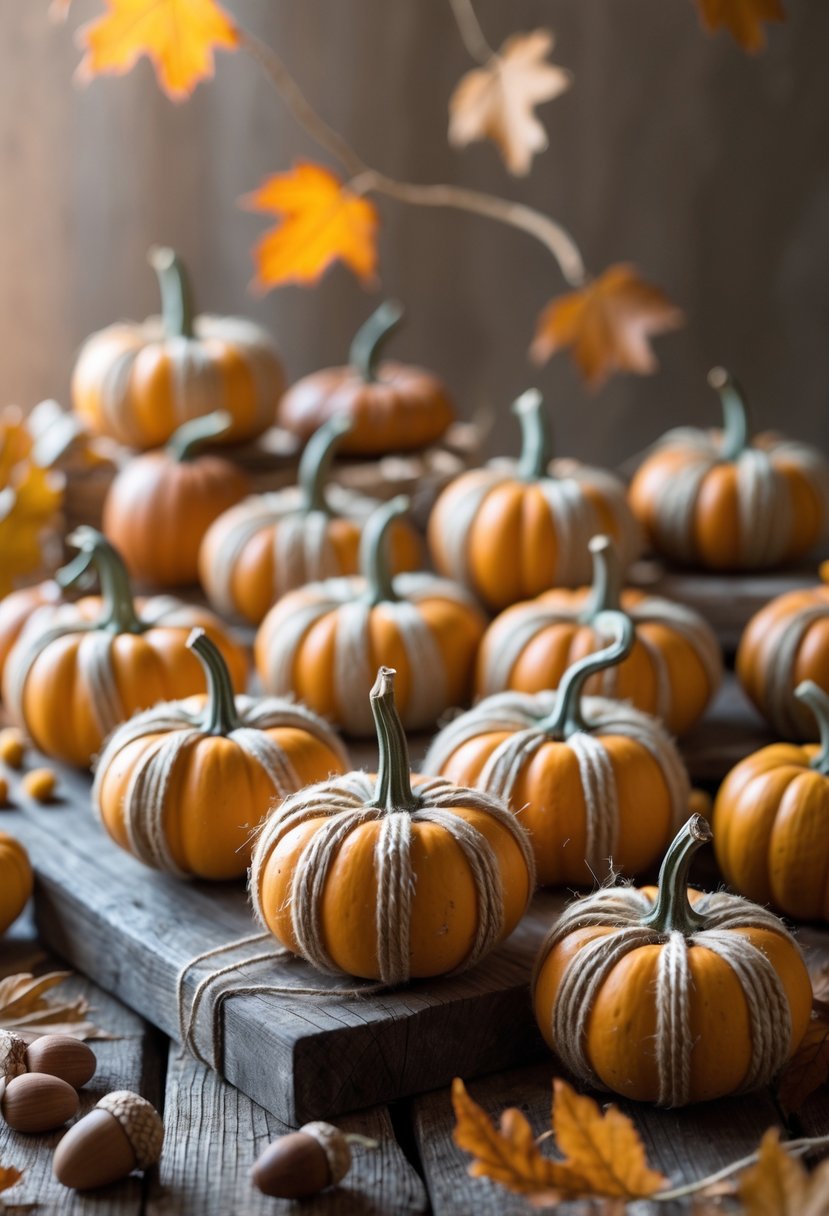 Several small pumpkins wrapped in twine arranged on a wooden surface with autumn leaves and acorns nearby.