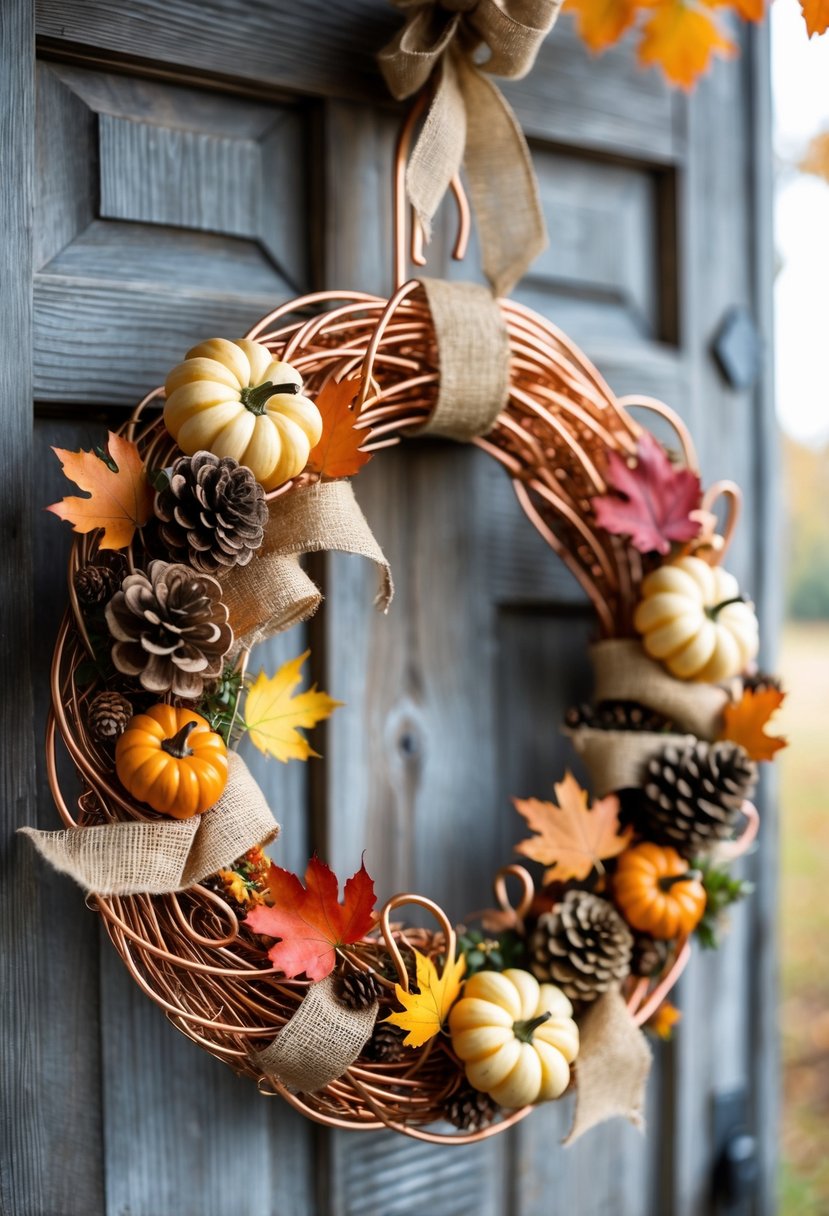 A copper wire fall wreath decorated with small pumpkins, dried leaves, pinecones, and burlap ribbons hanging on a wooden door.