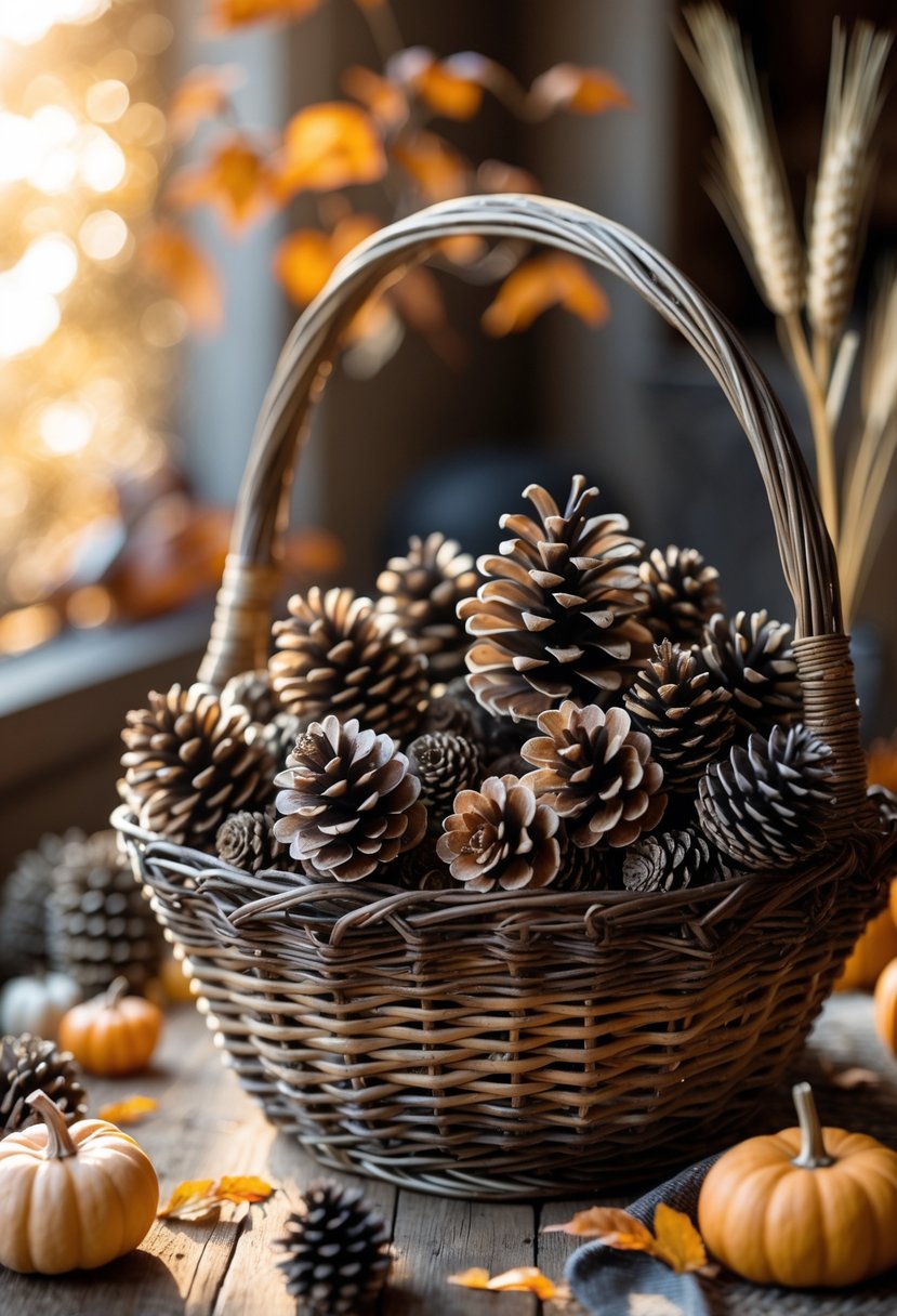 A wicker basket filled with pinecones on a wooden surface surrounded by autumn leaves and small pumpkins.