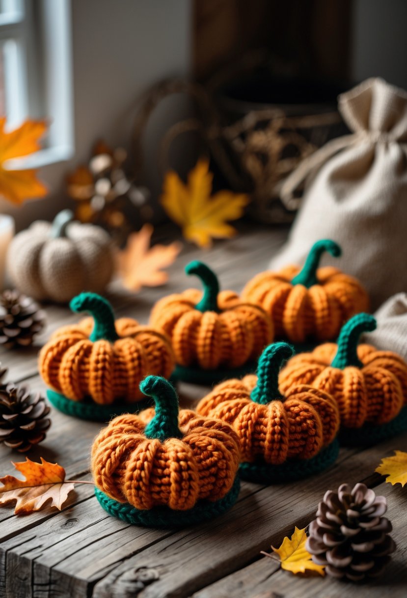 Crocheted pumpkin-shaped coasters displayed on a wooden table surrounded by autumn leaves and pinecones.