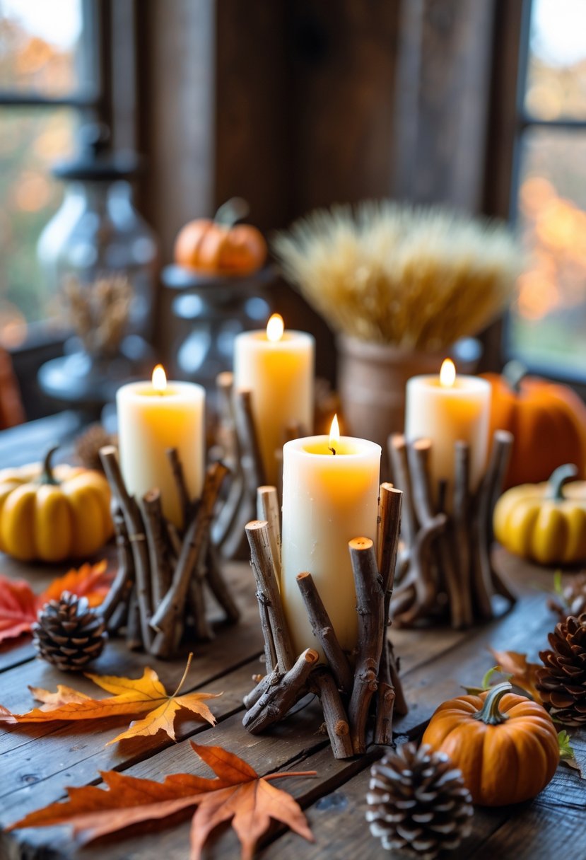 A set of rustic twig candle holders with lit candles on a wooden table surrounded by fall decorations like dried leaves, pumpkins, and pine cones.
