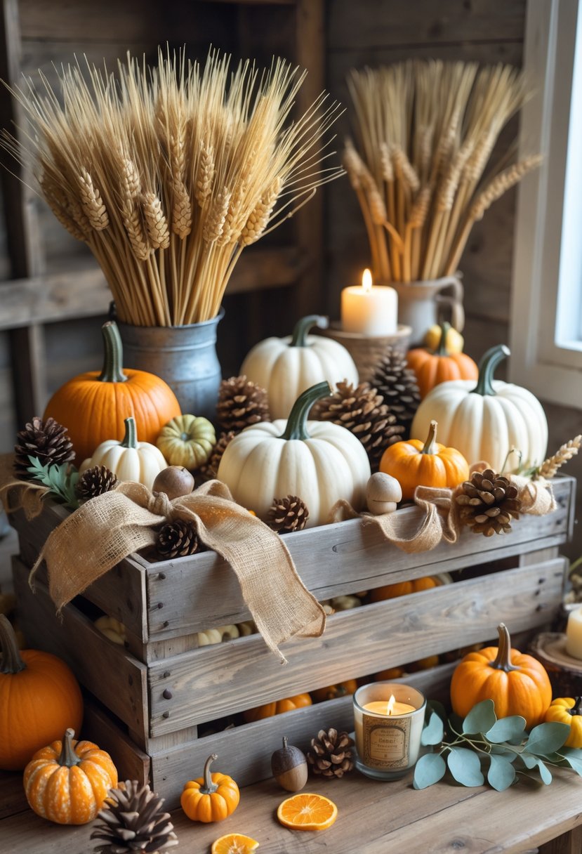 A distressed wooden crate filled with various autumn decorations including pumpkins, pinecones, dried wheat, and candles on a wooden surface.