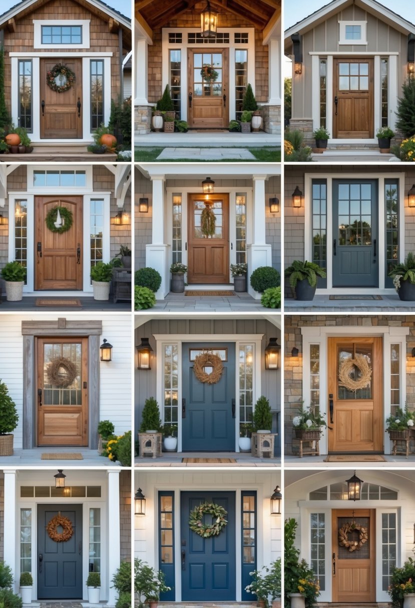 A collection of eleven farmhouse front doors with different designs and colors displayed together.