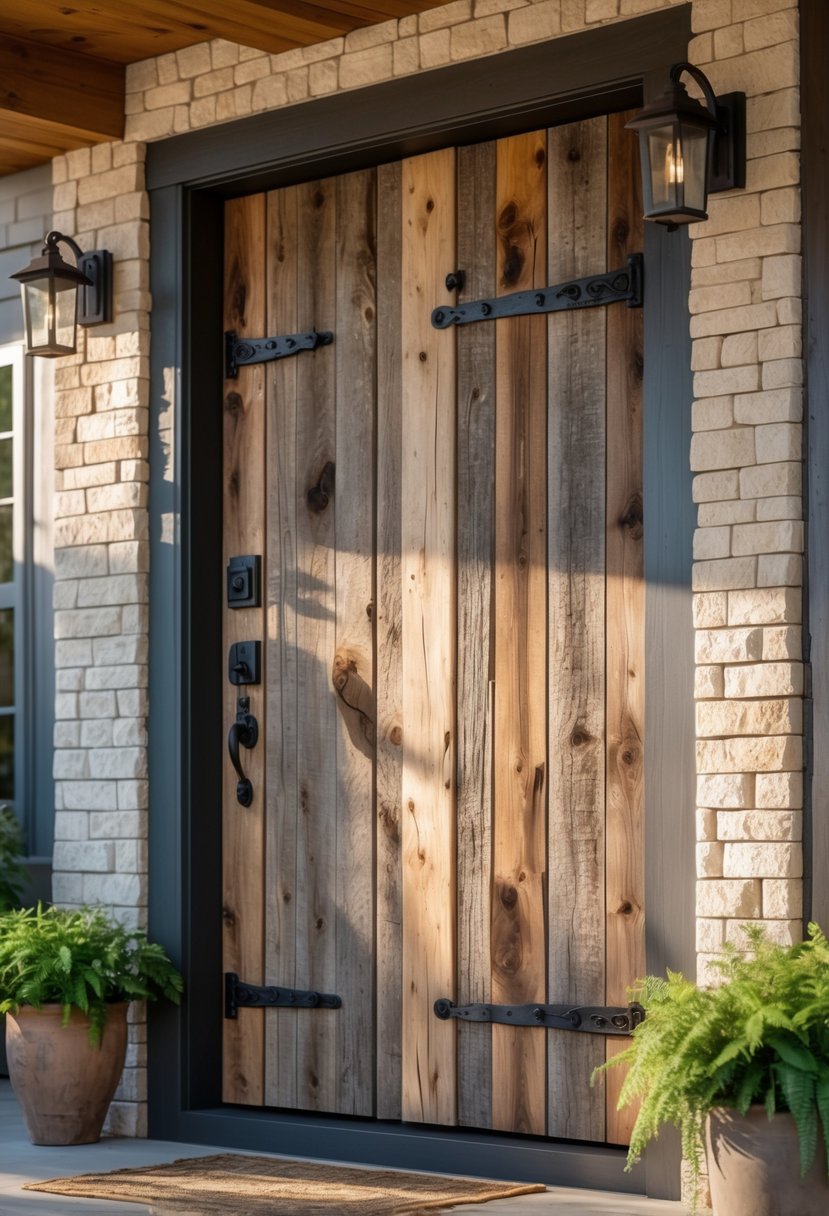 A rustic wooden front door with wrought iron details on a farmhouse exterior.