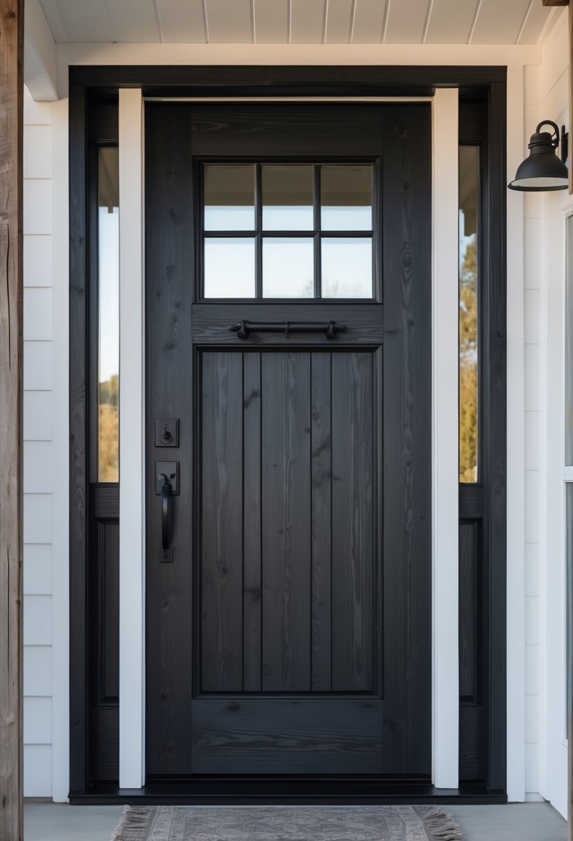 A bold black stained wood front door with a small window panel and iron hardware set in a light-colored exterior wall.
