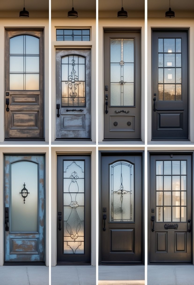 Eleven farmhouse front doors made of distressed metal and glass displayed side by side.