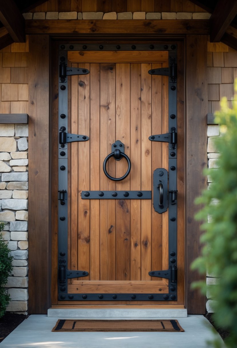 A wooden front door with rustic metal hardware set in a farmhouse exterior with stone accents and greenery nearby.