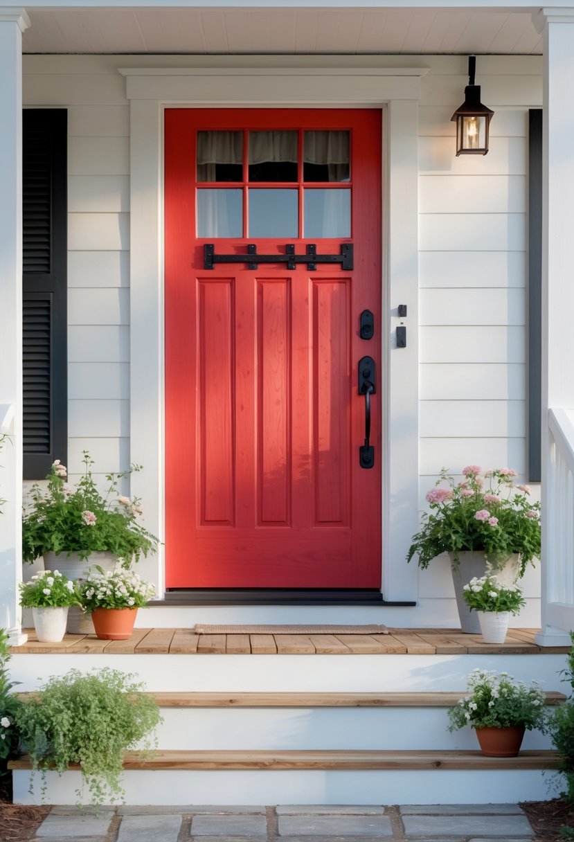 A bright red farmhouse door with wooden siding, potted plants, and a small porch.