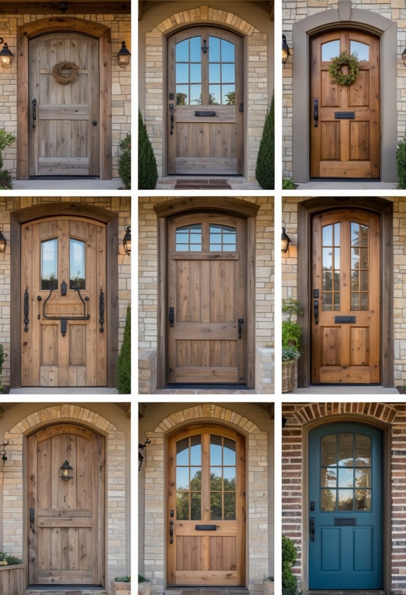 Eleven natural weathered wood farmhouse front doors displayed side by side outdoors.