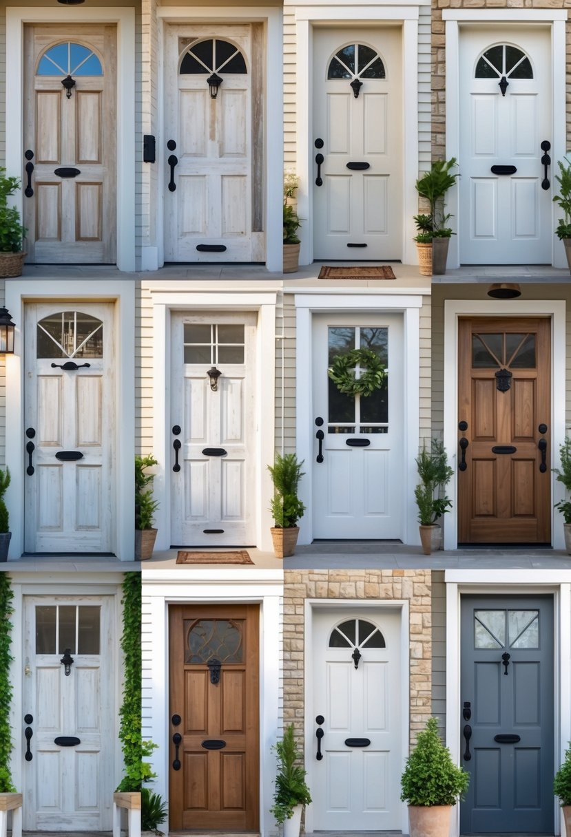 Eleven whitewashed wood panel farmhouse front doors displayed side by side outdoors with natural lighting.