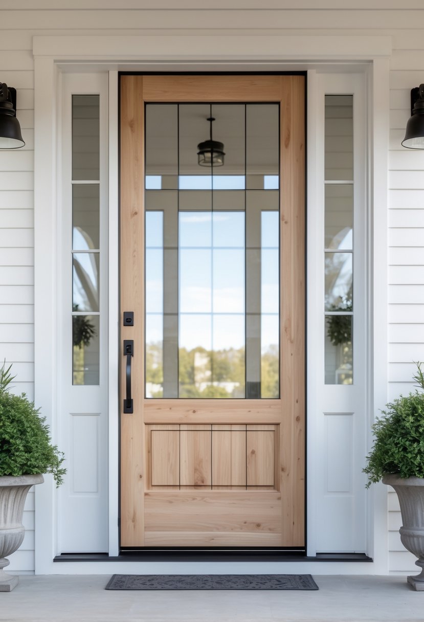 A wooden front door with glass panels set in a house exterior with white siding and plants nearby.